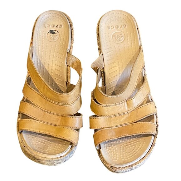 Crocs Aleigh Cork Wedge Sandals Sz 6 Tan #236H - Picture 1 of 7